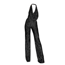 Macacão feminino de verão sem mangas com decote halter e lantejoulas, ideal para casamentos (Preto, M)