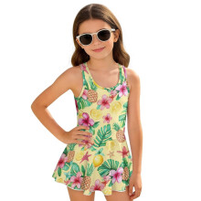 Yellow Pineapple Girls Swimsuits Back Strap Summer Swim Dress Polyester and Spandex Bathing Suit Skirted Beach Vacation, Size 6-7