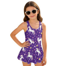 Kids Swimsuits for Girls One Piece with Skirt Summer Swim Dress Back Strap Bathing Suit Swimwear Beach Vacation, Purple Dream Horse, Size 6-7
