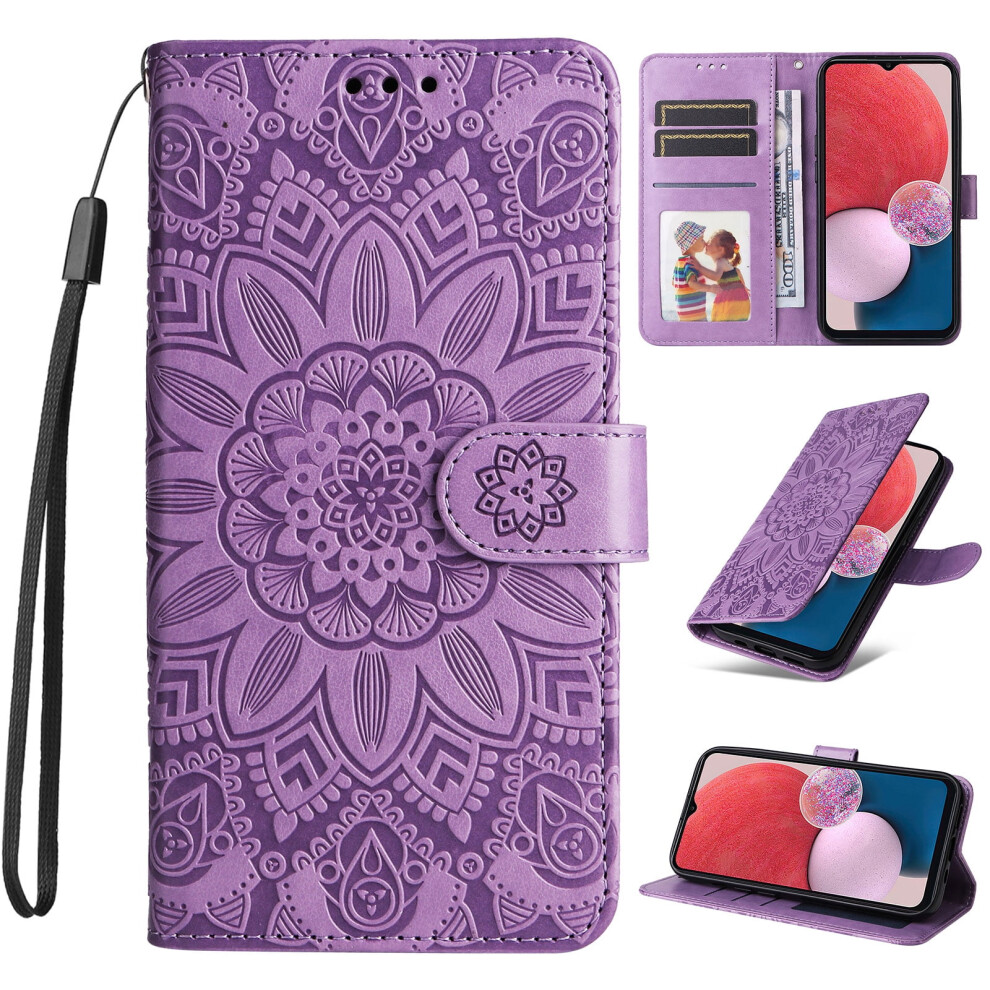 Sunflower Embossed Pu Leather Flip Wallet Case With Card Slot, Kickstand & Strap For Compatible With Iphone 13 Â Purple 9405492502543