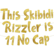Ez a Skibidi Rizzler is11 kupak nélküli arany csillámos banner - 11. születésnapi parti kellékek, ötletek, ajándékok és dekorációk