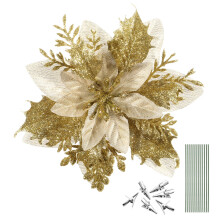 Enfeite de árvore de Natal em tecido PVC, 12 peças, flores de poinsétia com glitter dourado para decoração de escritório e festas.