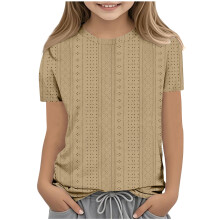 SYMOID Breathable Girls' Short Sleeve Shirts - Solid Color Crew Neck Tops for Daily Wear,Khaki,Size 11-12 T