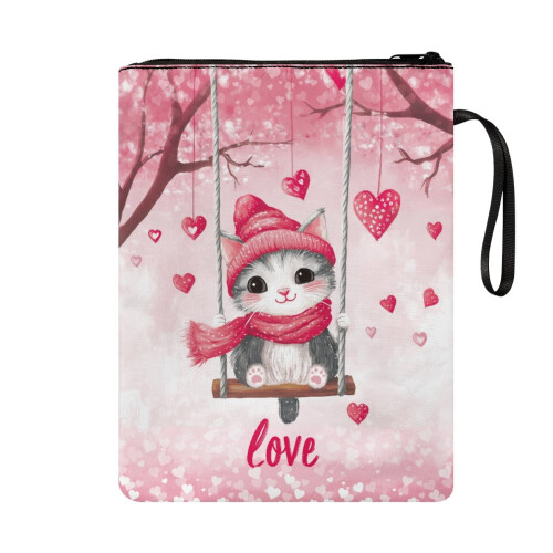 Washable Polyester Book Sleeve Protector Pouch – Lightweight Textbook Organizer with Heart-Shaped Cat Pattern 1