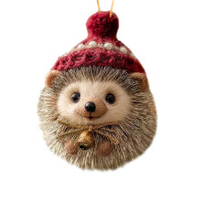 Cozy Woodland Animal Christmas Ornament – Handmade Plush Hedgehog with Red Knit Hat & Golden Bow, 3.2", Rustic Tree Decor for Animal Lovers