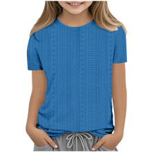 SYMOID Breathable Girls' Short Sleeve Shirts - Solid Color Crew Neck Tops for Daily Wear,Blue,Size 11-12 T