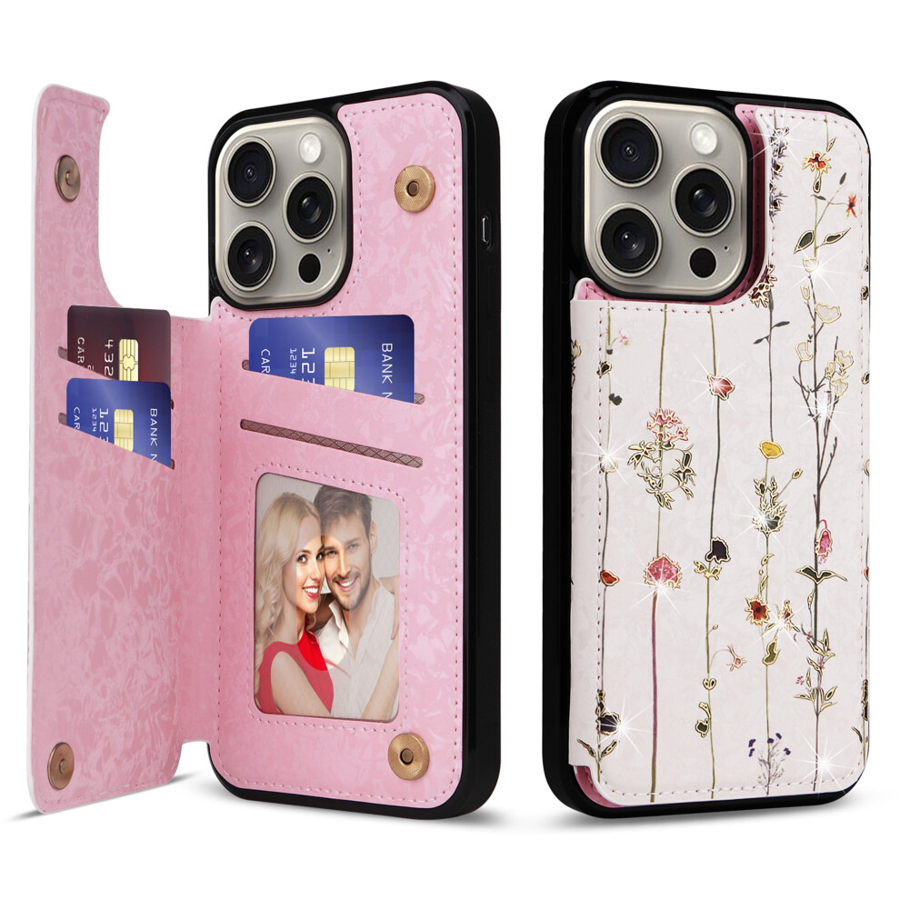 Iphone 16 Pro Case Wallet With Card Holder, Rfid-Blocking Pu Leather Floral Flip Folio Kickstand, Double Magnetic Clasp 9009879563303
