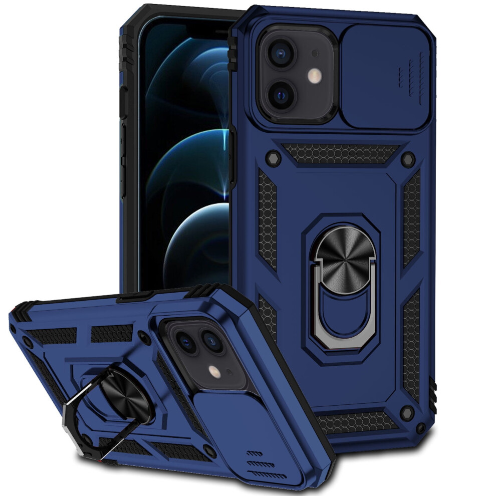 Compatible With Iphone 12/12 Pro Kickstand Armor Case: Slide Lens Cover, 360 Rotating Ring Holder, Magnetic, Shockproof, Blue 9009879565260