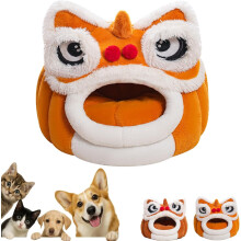 Chinese Lion Dance Lion Cats Bed, Cute Lion Head Shape Semi-Enclosed Warm Pet House for Indoor Cats and Small Dogs