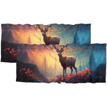 Watercolor Deer Kitchen Curtain Valances, Forest Flowers & Elk Design, 54x18 in, 2 Panel, Compatible with Standard Rods