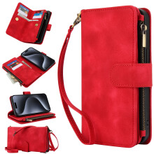 Red Zipper Wallet Crossbody Bag for Samsung Galaxy S22 Ultra – Luxury Leather, RFID Blocking, Card Slots, Cash Pocket, Flip Kickstand,