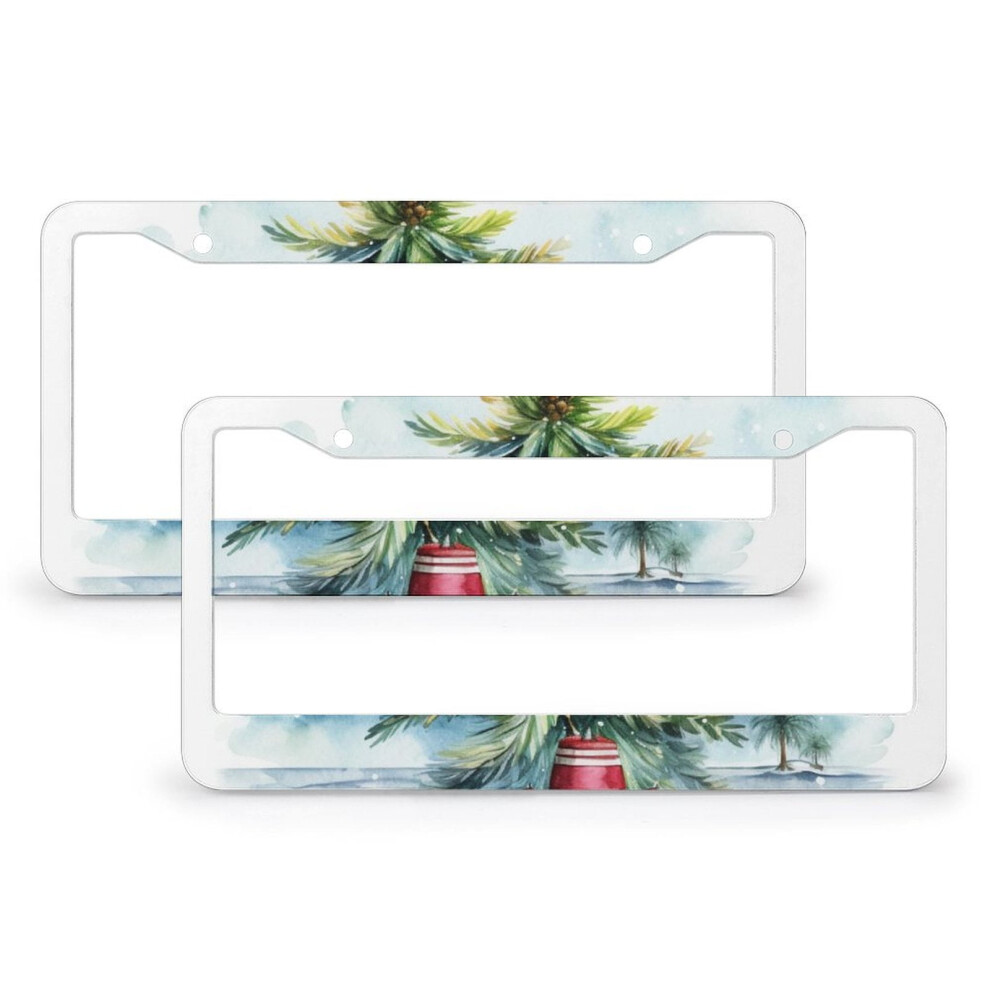 Watercolor Merry Christmas Tree License Plate Frames (2 Pcs), Happy Winter Holiday Funny Frames For Women, Aluminum, 2 Round Holes, Compatible With 9097180923107
