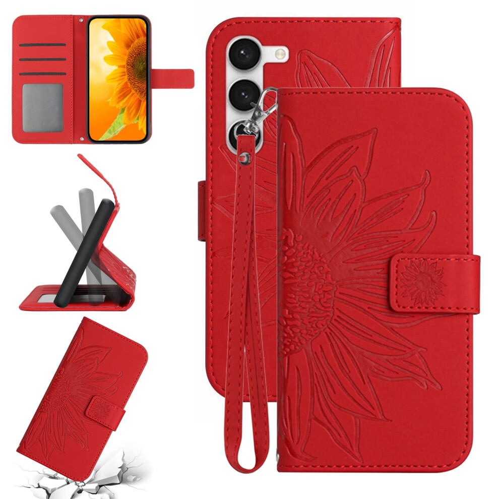 Slim Sunflower Embossed Pu Leather Wallet Case For Samsung Galaxy S23 Â Magnetic Flip Cover With Card Slots, Kickstand & Hand Strap, Red 9097180923763