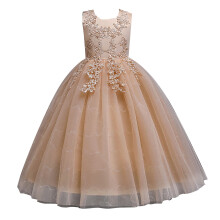 Flowers Little Girls Tulle Lace Wedding Party Dress for Kids formal Birthday Princess Pageant Prom Maxi Gown (Beige,120)
