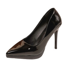Women's Black PU High Heels, Pointed Toe Stiletto Slip-On, Comfortable Retro Style, Size 40 EU, Compatible with Casual Wear