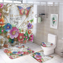 4-Pc Shower Curtain Set w/ U-Shaped Mat, Toilet Lid Cover & Oval Rug – Waterproof, Durable, Floral-Butterfly Design for Mom – Compatible with