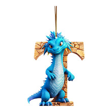 26-Letter Christmas Tree Pendant, Blue Baby Dragon Hugs Alphabet A-Z Ornament (Acrylic, Letter-T)