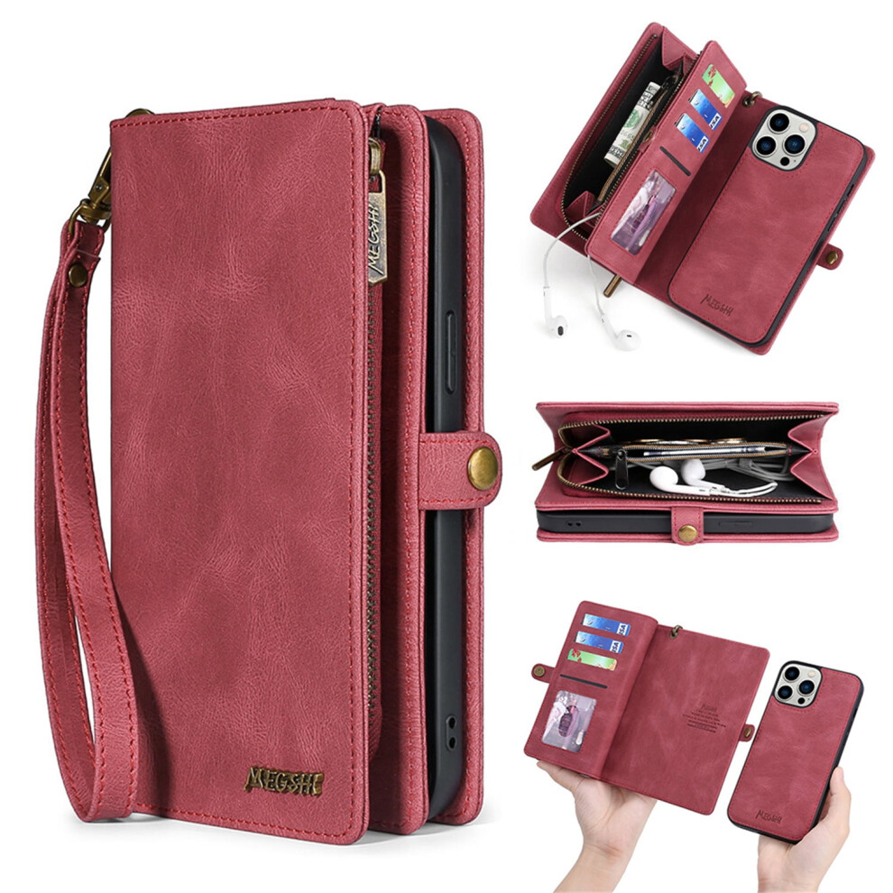 Defencase For Iphone 12 / 12 Pro – Pu Leather Magnetic Flip Case With Wristlet, Zipper Purse, Card Holder & Detachable Wallet – Red 9097180926474