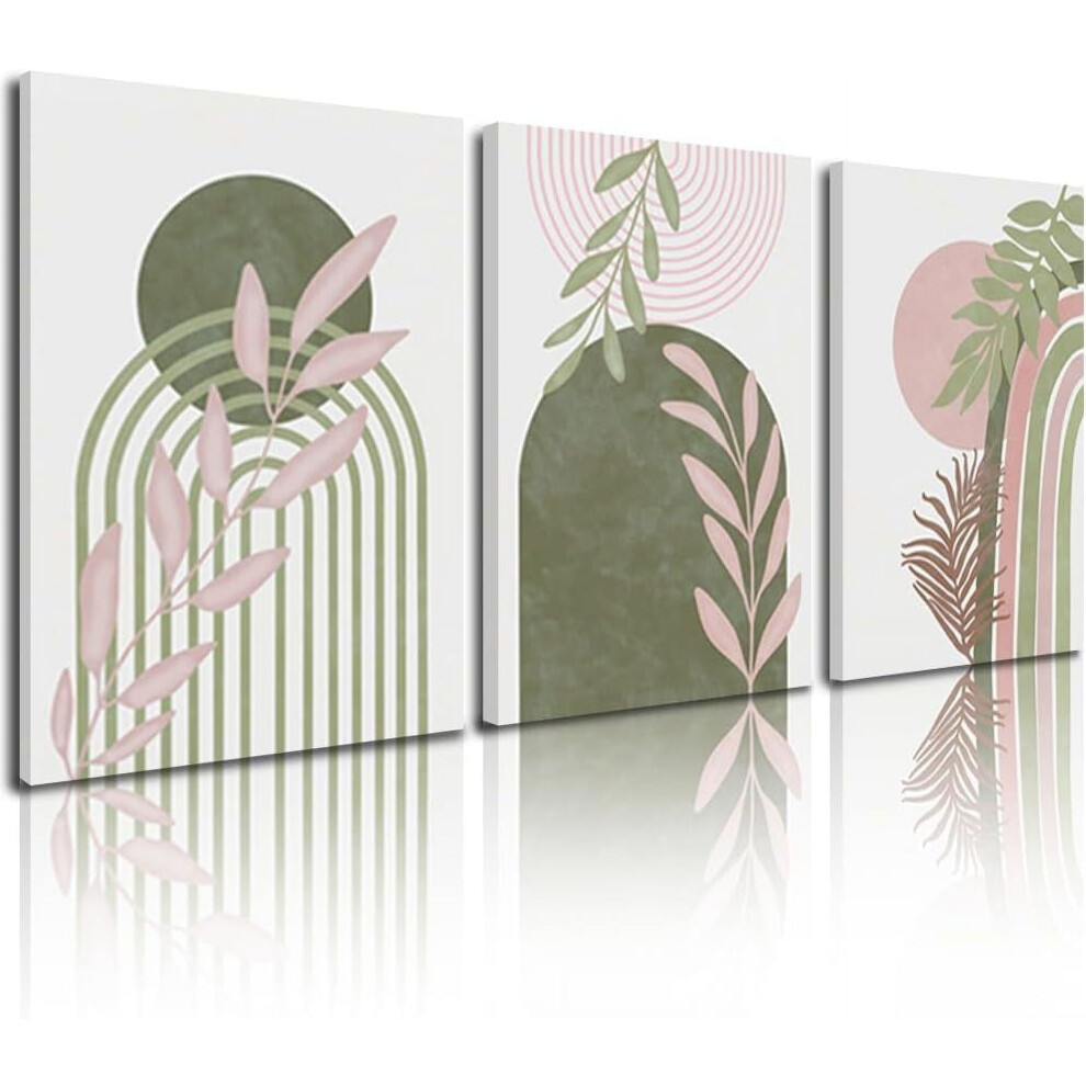 Sage Green Boho Wall Art Set of 3 – Minimalist Geometric Line, Leaf, Sun & Moon Canvas Prints (12"x16")