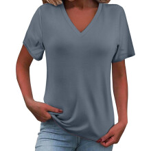 Dam V-ringad kortärmad bomulls-linne-top, mörkgrå, överdimensionerad sommarblus – Kompatibel med vardagliga och eleganta outfits