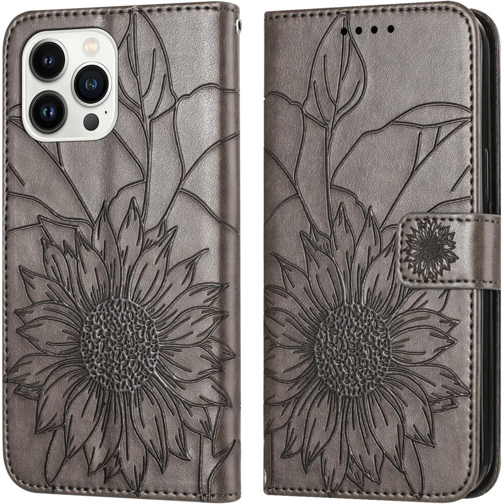 Sunflower Leather Wallet Case For Iphone 15 Pro Â Magnetic Closure, Kickstand, Card Holder, Shockproof, Gray 9405492508842