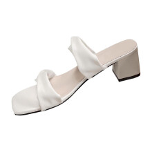 Sandales-chaussons blanches pour femmes, en cuir souple, à talon bloc antidérapant, pour l'intérieur et l'extérieur, pointure 40 (EU) / 5,5 (UK)