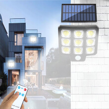 Solar wandlamp met bewegingssensor, afstandsbediening en snelladen – Waterdichte LED COB-lamp voor tuin, zwembad, villa (compatibel met)