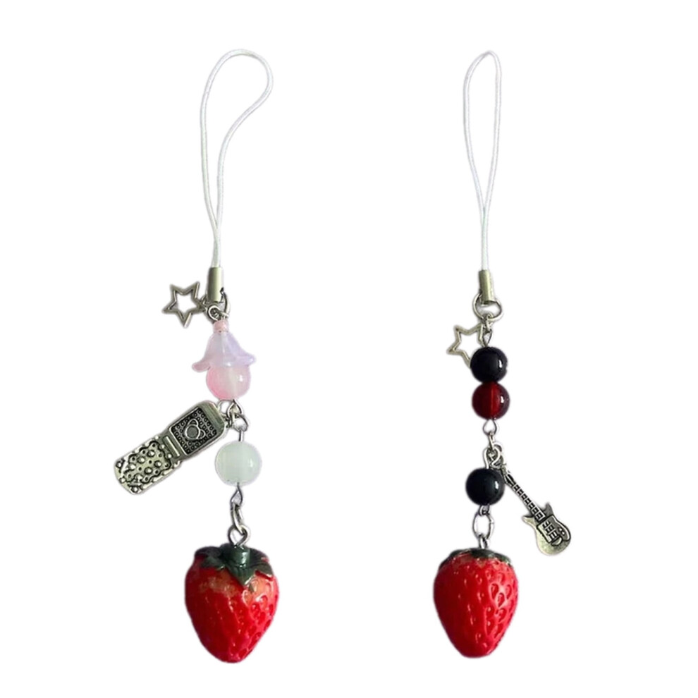 Stylish Beads Phone Lanyard Strawberry Pendant Keychain Detachable Phone Charm Keyring Portable Accessory For Women 9401284842354