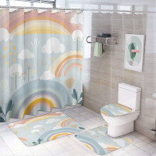 Pink, White, Blue & Grey Rainbow 4-Pc Shower Set w/ Non-Slip Rug, Toilet Lid Cover & Bath Mat – Kids Cartoon Cloud, Waterproof