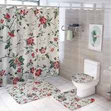 4-Piece Vintage Floral Shower Set w/ Non-Slip Rug, Lid Cover & Bath Mat – 72"x72", Farmhouse Bathroom Decor