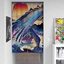 Japanese Noren Curtain – Navy Blue Anime Kraken, Hokusai Waves Design, 34"x60", Doorway Divider, Hallway/Closet Privacy Curtain