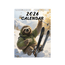 Animal Calendar 2026 – Funny Sloth Skiing Monthly Wall Calendar, 12-Month Humor Design with Large Writing Space, 8.2x11", for Home/Office/Dorm