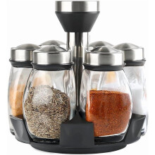 6-Jar Revolving Spice Rack with 360 Rotation & Glass Jars – Stainless Steel Kitchen Organizer, Compatible with Standard Cabinets