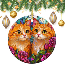 Ceramic Cat Stained Glass Xmas Ornament – Double-Sided, Two Orange Cats, Indoor/Outdoor Use, Compatible with Standard Tree Hooks