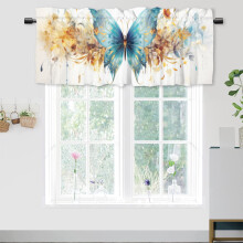 Watercolor Butterfly Floral Curtain Valance, Blue Flowers Dreamy Theme, Rod Pocket, Compatible with Standard Rods, 54x18 in, 1 Panel