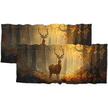Forest Deer Curtain Valances, 54x18 in, 2-Piece, Fall Hunting Theme, Elk/Wild Animal Rustic Farmhouse Style, Rod Pocket, for Kitchen, Bedroom, Living