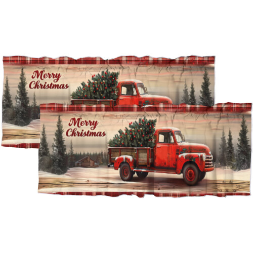 Christmas Red Truck Pine Tree Window Valance Rod Pocket