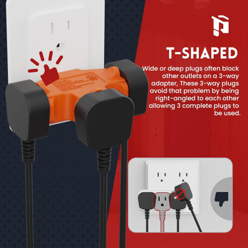 3-Way Plug Adapter Grounded 15A 1875W Orange 3 Pack 1