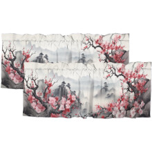 Cherry Blossom Valance Rod Pocket Curtain, 54x18 in, 2 Panel, Pink Plum Blossom & Mountain Landscape – Compatible with Standard Rods