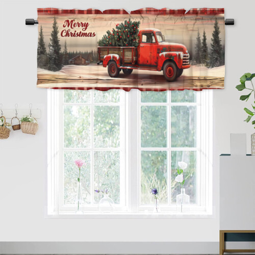 Christmas Red Truck Pine Tree Window Valance Rod Pocket 1