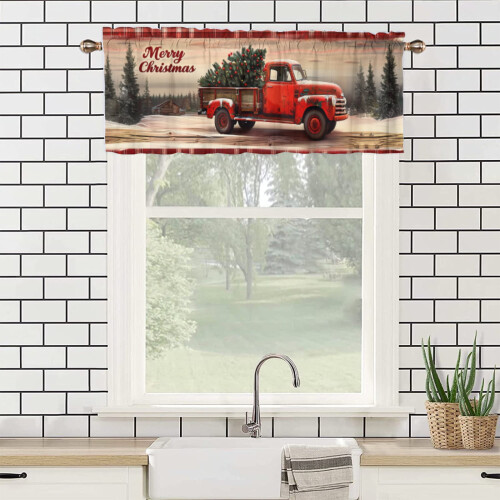 Christmas Red Truck Pine Tree Window Valance Rod Pocket 2