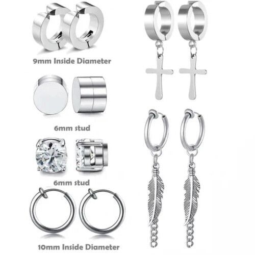 Stainless Steel Cross Hoop Stud Earrings Non-Piercing