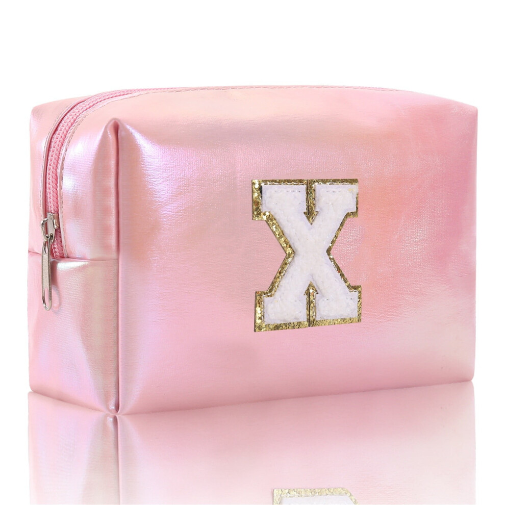 Large Embroidered Makeup Bag - Alphabet Monogram Travel Cosmetic Organizer, Toiletry Clutch with Zipper, Durable Storage