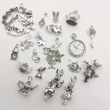 Alice in Wonderland Charms Set Antiqued Silver Themed Pendants Fairy Tale 40pcs