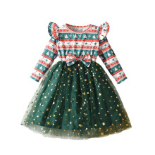 Lime Green Star Tree Print Crewneck Dress for Girls, Long Sleeve, Lace & Mesh, Holiday Gift – Compatible with 5Y