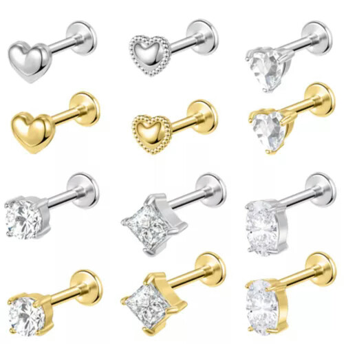 Καρφιά Labret από ανοξείδωτο ατσάλι 16G, σχήμα καρδιάς CZ, τρύπημα χειλιών Labret, τρύπημα