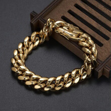 Miami Cuban Curb Link Chain Herrenarmband, schwer vergoldet, Edelstahl 316L, 26,7 cm lang, 14 mm breit, Gold
