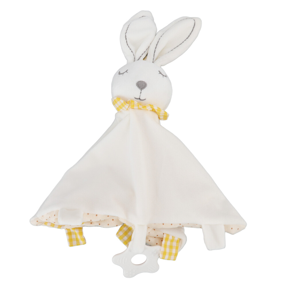 Chewable Satin Tags Snuggle Blanket for Infants, Soft Plush Bunny Lovey with Crinkle Paper Textures Attached Teether Soothing Sensory Toy, Promotes