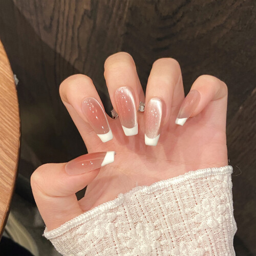(554 Medium Gradient, M) Nacktpink Katzen-French Press-On Nägel 2