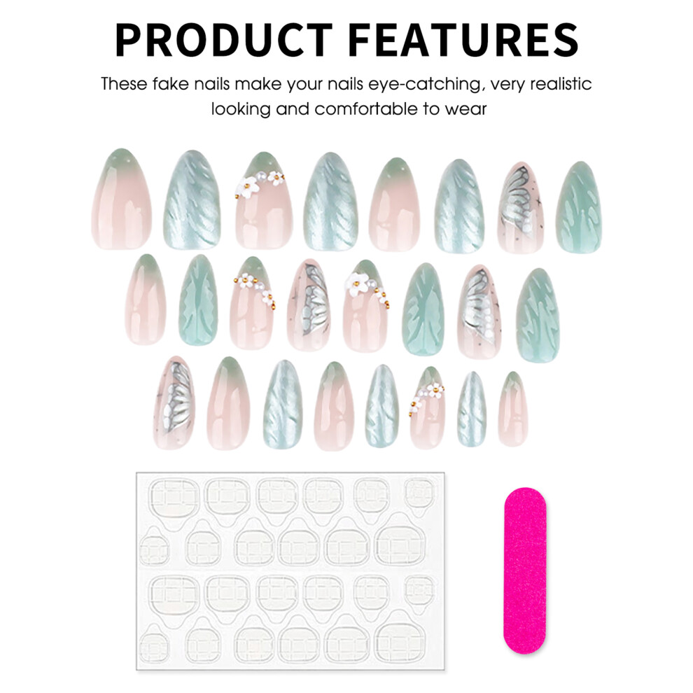 Dachuang Beauty Green 24Pcs Almond Fake Nails With Flower Pearls